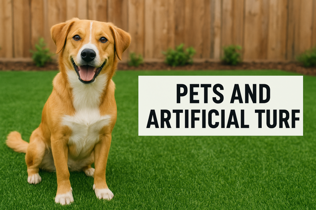 “Happy Labrador dog sitting on artificial turf backyard safe for pets”