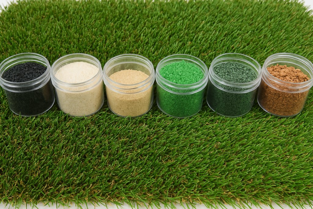 Artificial turf infill options including silica sand, crumb rubber, ZeoFill, and eco-friendly turf infills in clear containers on synthetic grass.