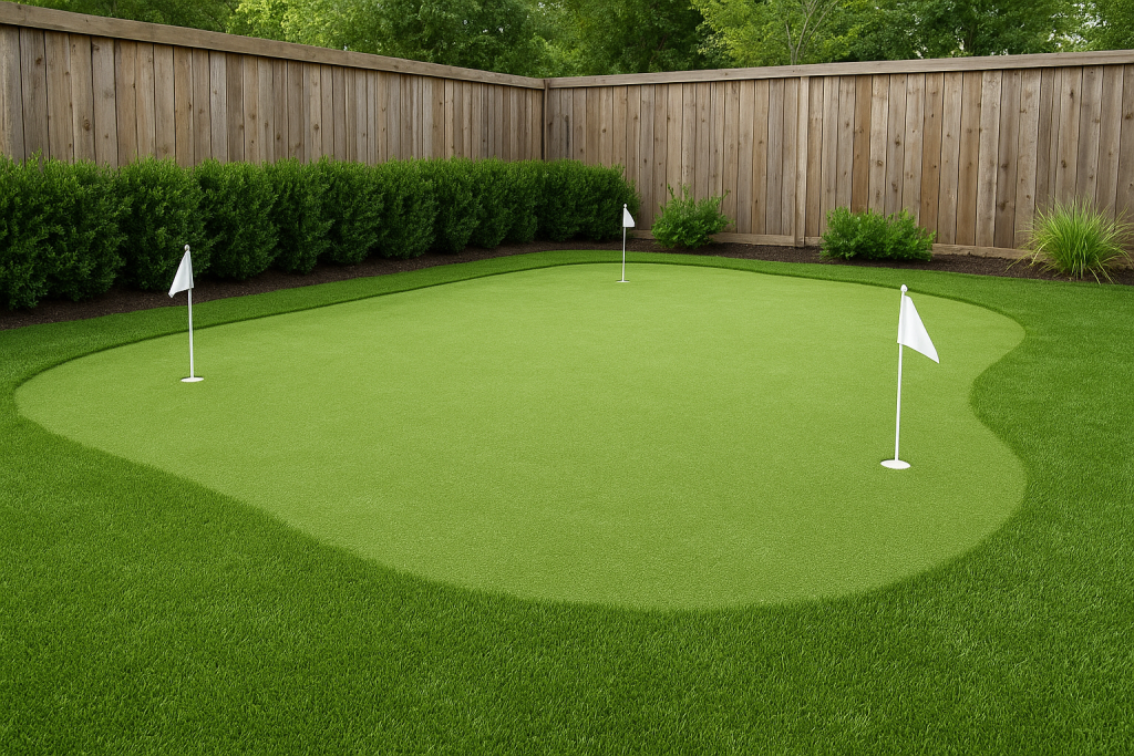 Backyard putting green made of artificial turf with three golf flags surrounded by lush landscaping.