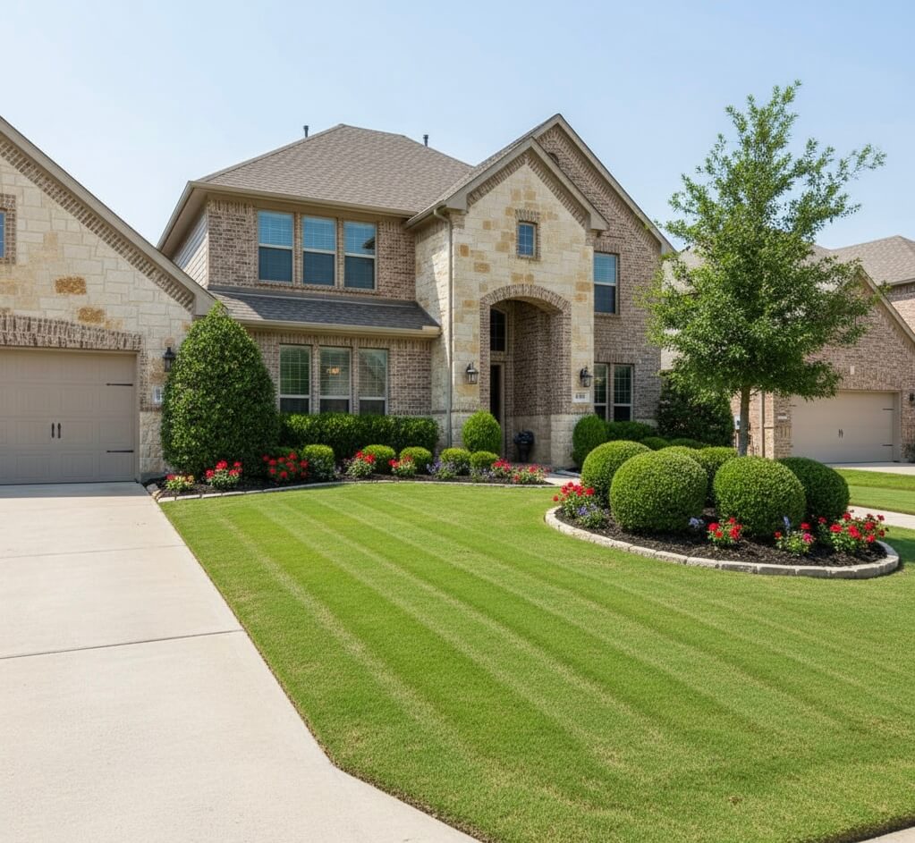 Well-maintained front yard lawn at a Dallas home serviced by Medina Landscape Services