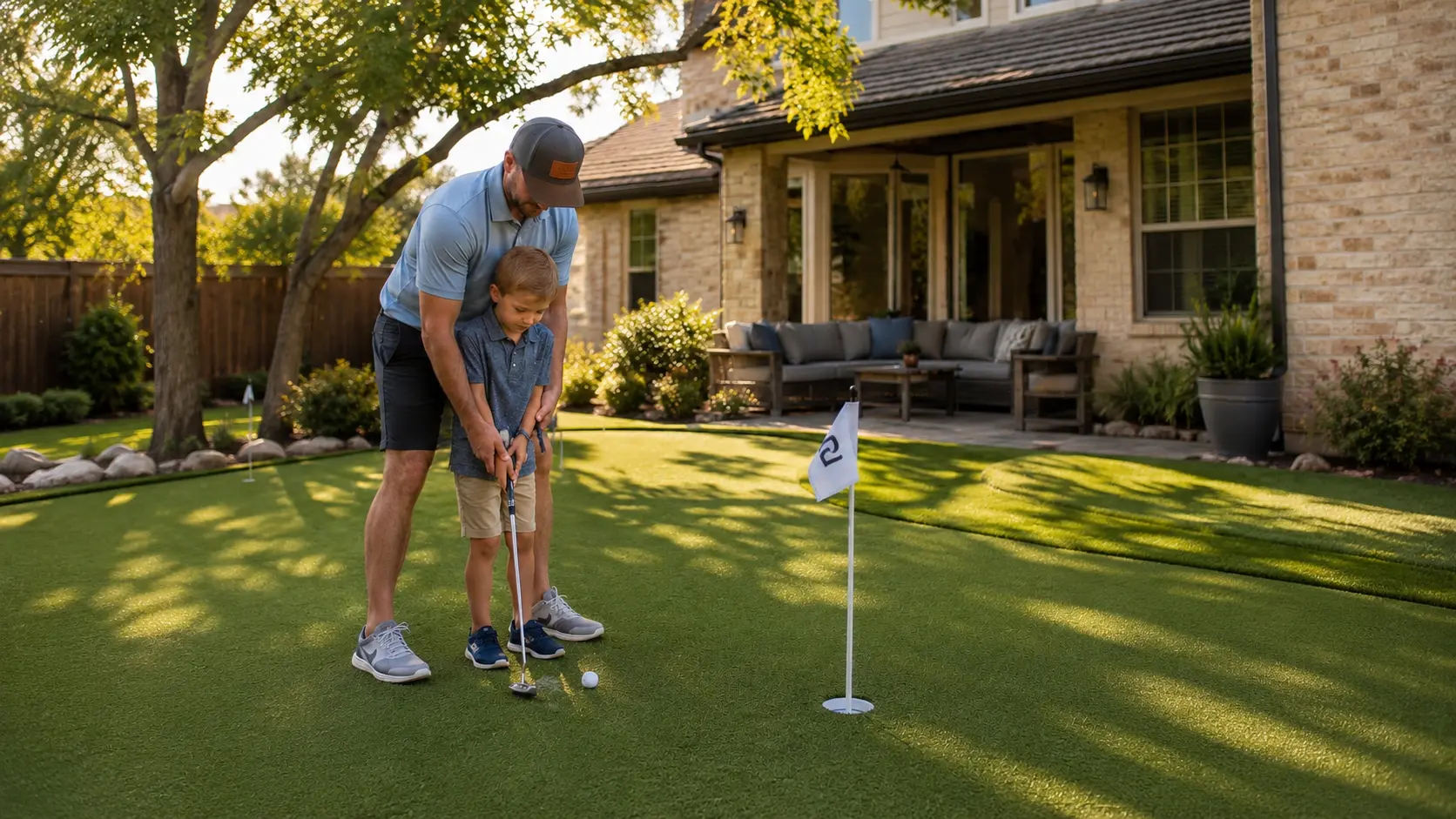 Father and son practicing putting on a backyard synthetic putting green in Prosper TX