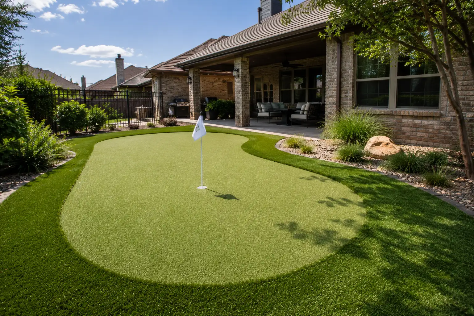 Standard one-hole backyard putting green installation in Allen TX by Medina Landscape